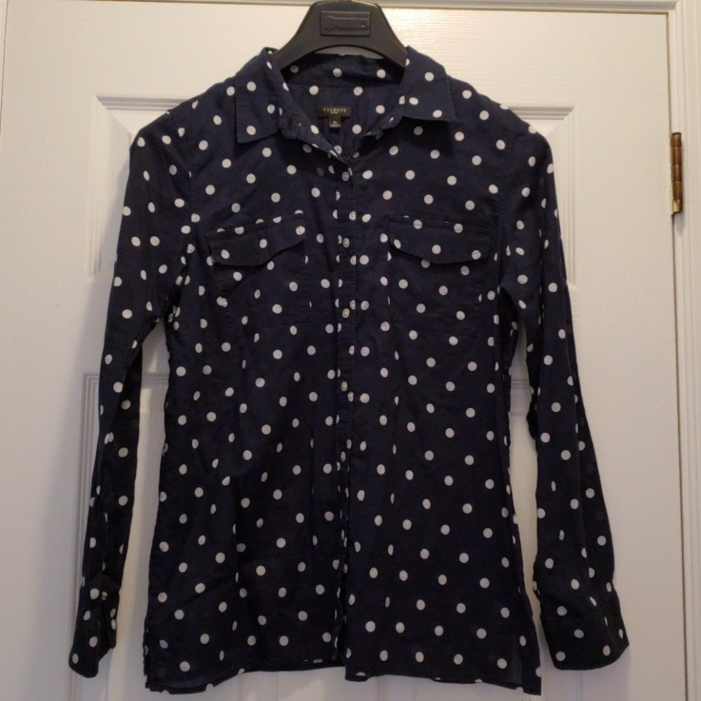 Talbots navy and white polka dot blouse